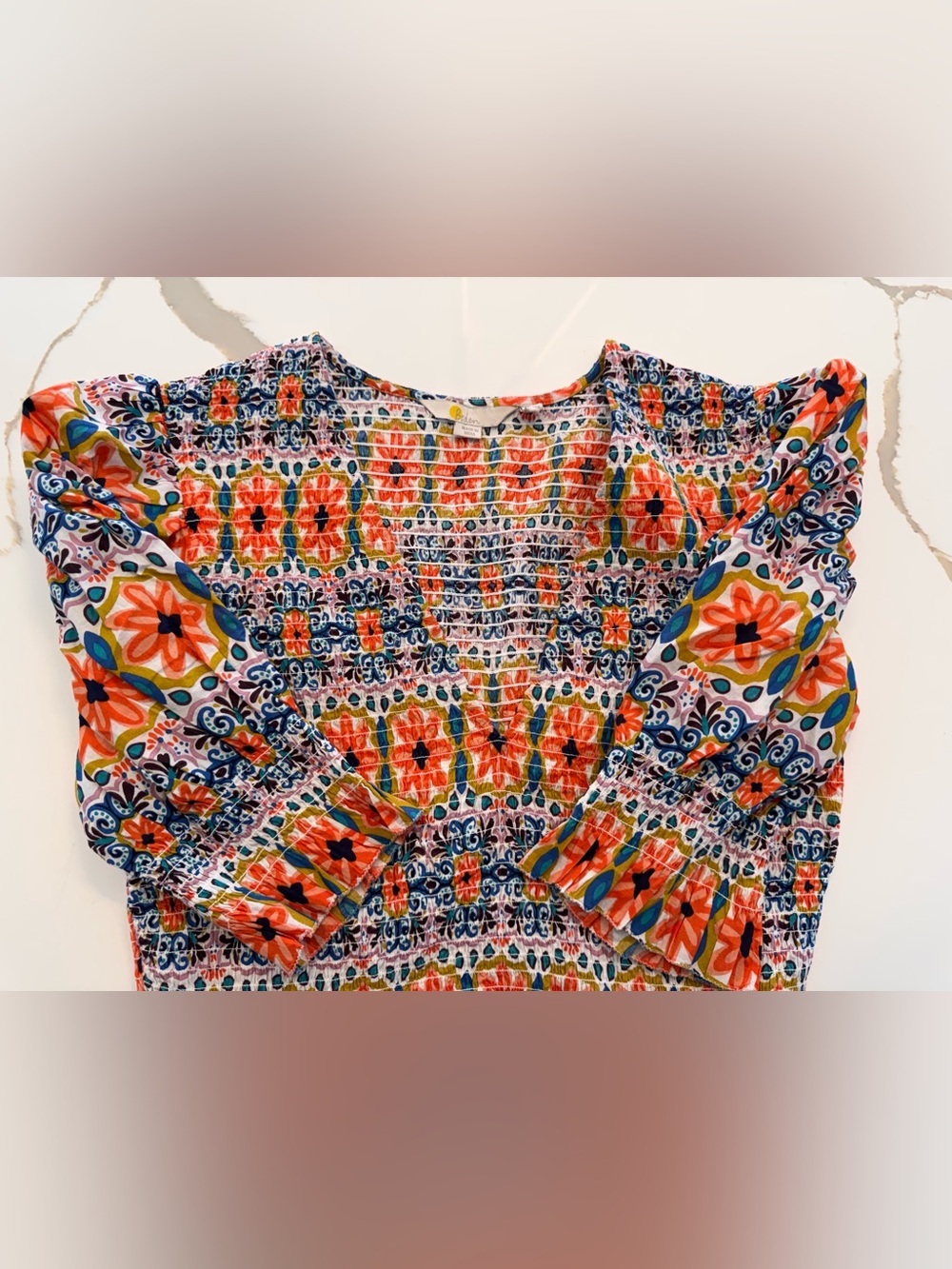 Boden Smocked Mosaic Floral Cotton Midi Dress Orange Blue Multicolor - Picture 3 of 7